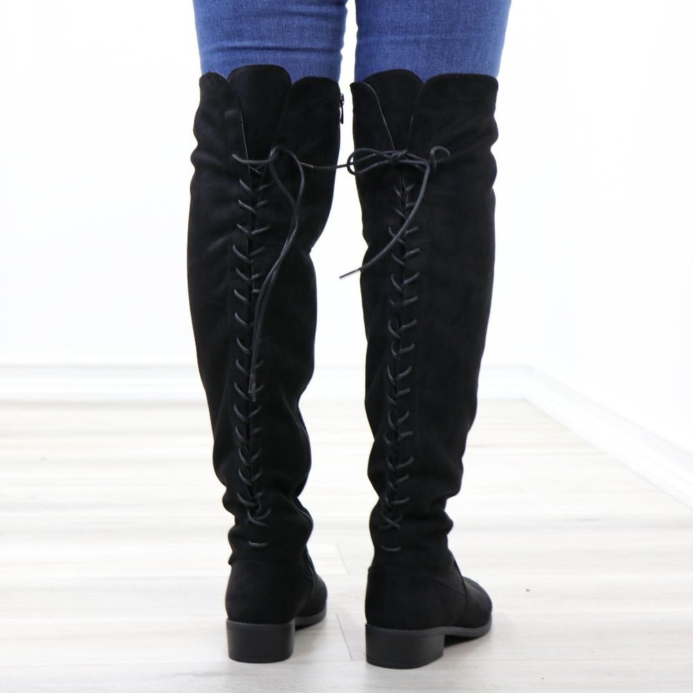 Low Heel Faux Suede Black Thigh High Boots - Picture 7 of 14